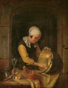 An Old Woman Scouring a Pot